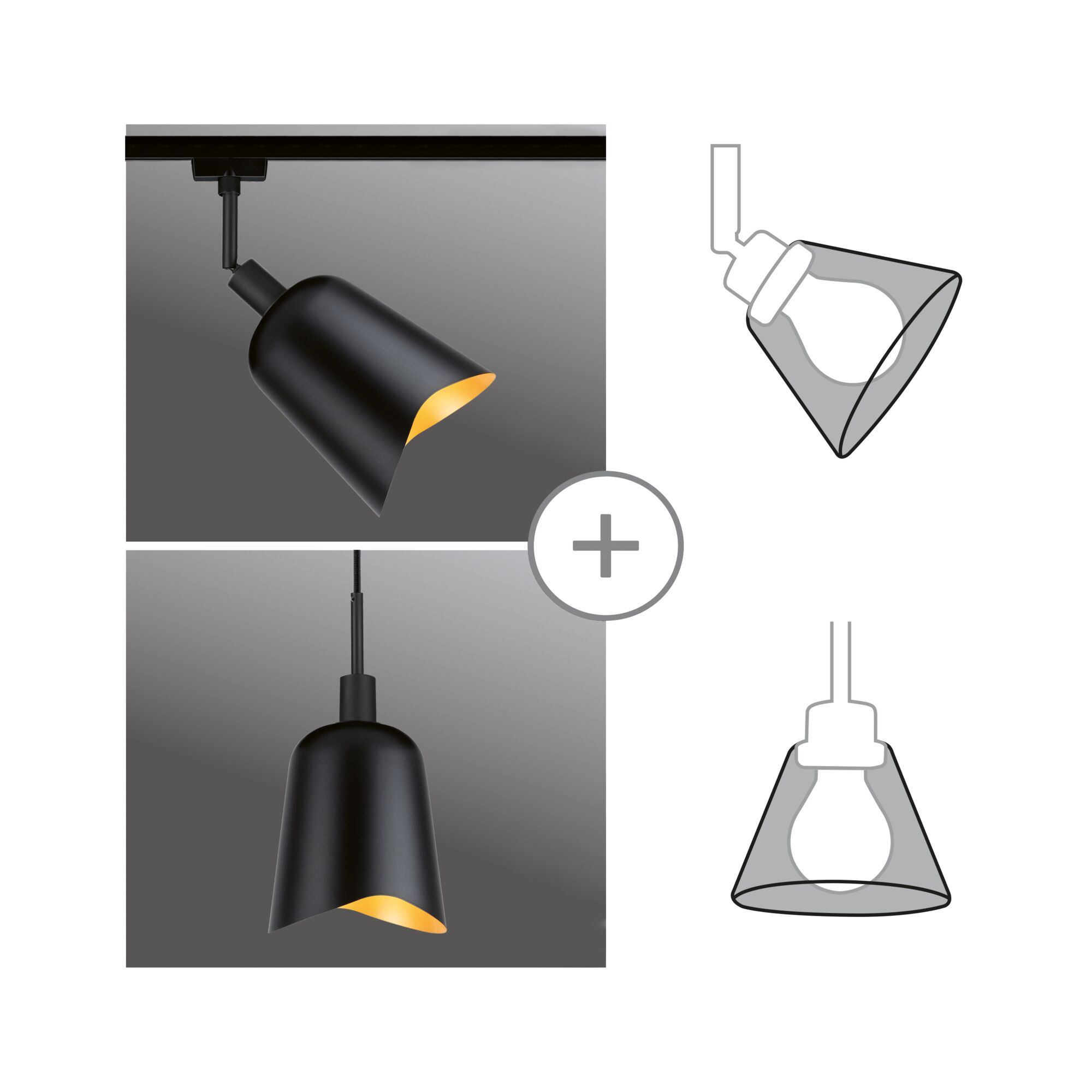 URail Shade DecoSystems Alvaro 144mm Black matt/Gold matt Black metal ceiling light with asymmetric shade and warm white light for modern interior lighting