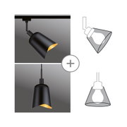 Black metal ceiling light with asymmetric shade and warm white light for modern interior lighting