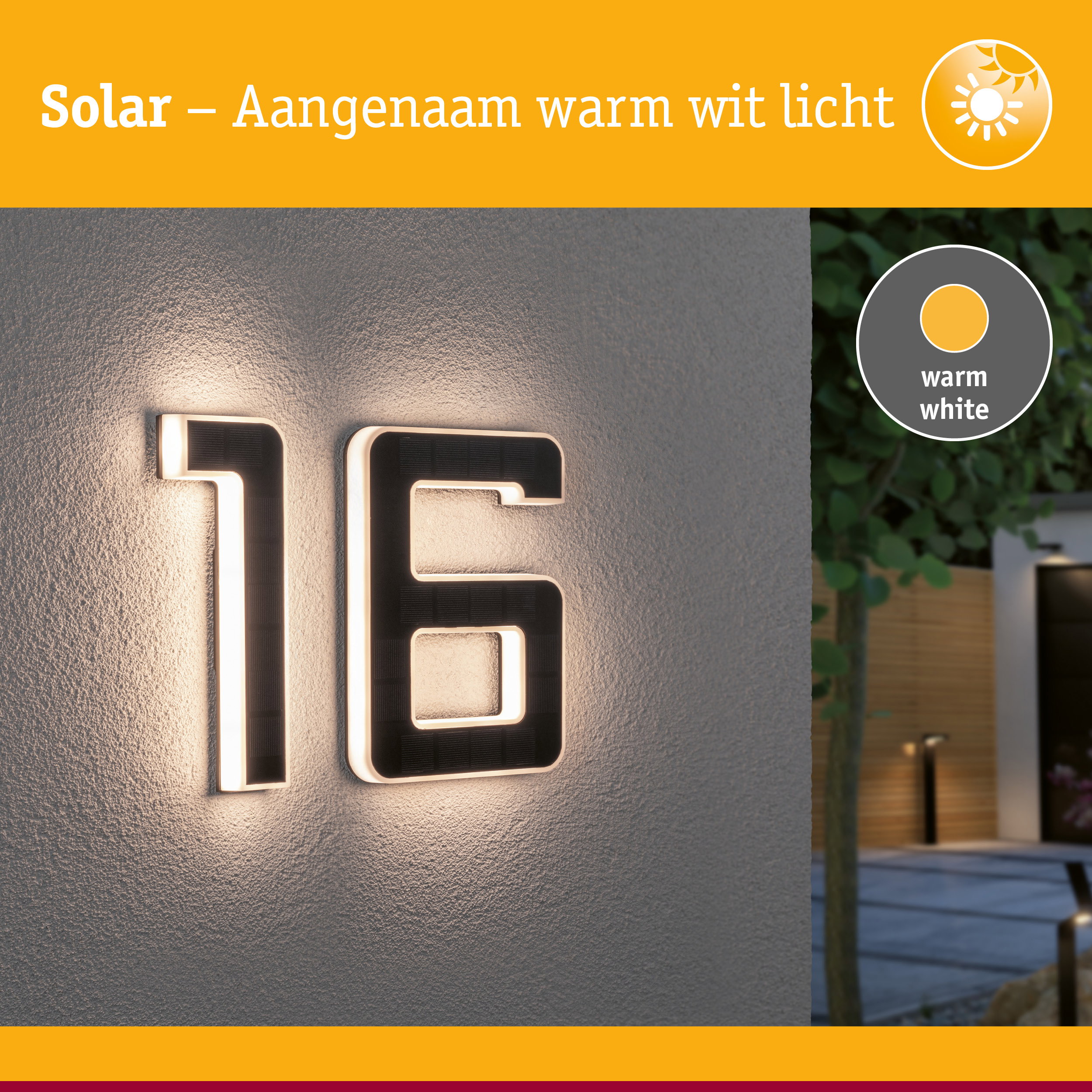 Zonne-energie huisnummer 16 met warm wit licht op grijze muur voor buitenverlichting