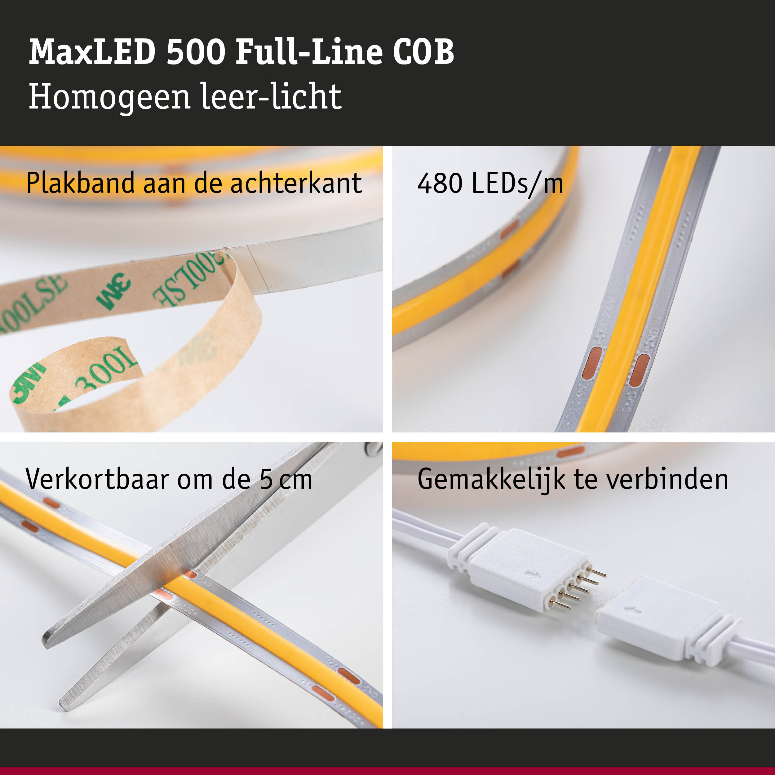 MaxLED 500 COB LED-strip met 480 LEDs/m, zelfklevend, knipbaar en eenvoudig te verbinden