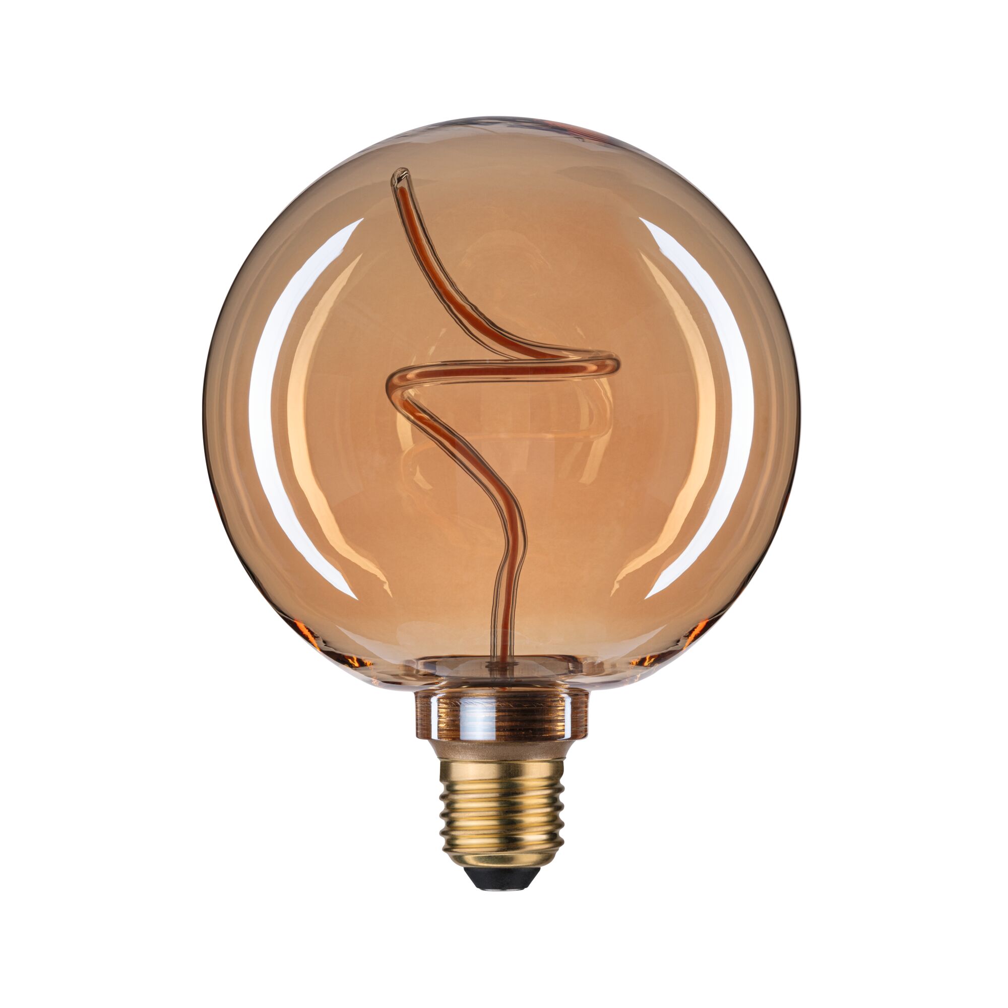 Round LED bulb with amber glass and decorative filament for ambient lighting in modern interiors