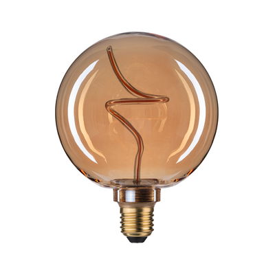 Round LED bulb with amber glass and decorative filament for ambient lighting in modern interiors