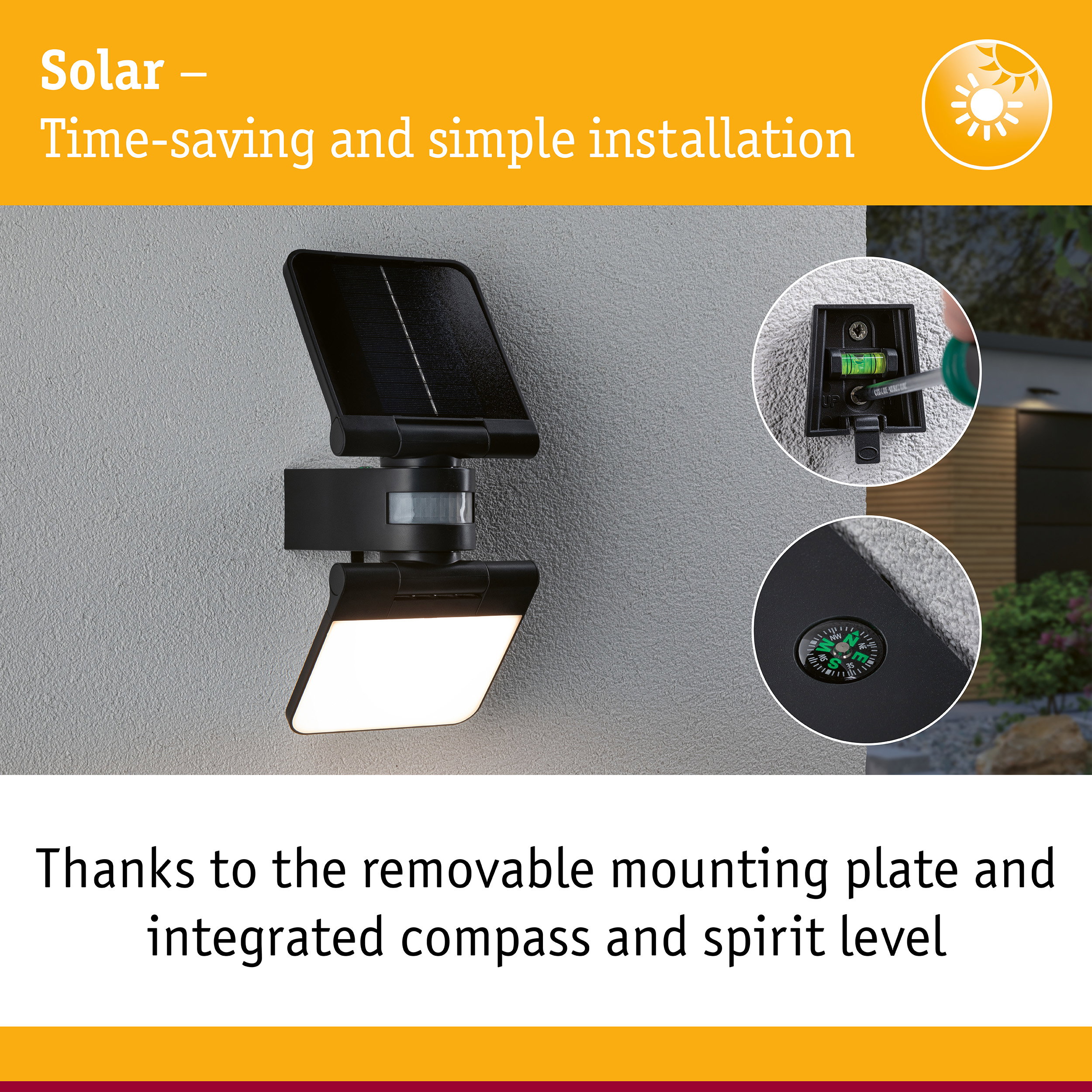 Black solar outdoor light with integrated compass and spirit level for easy mounting and installation