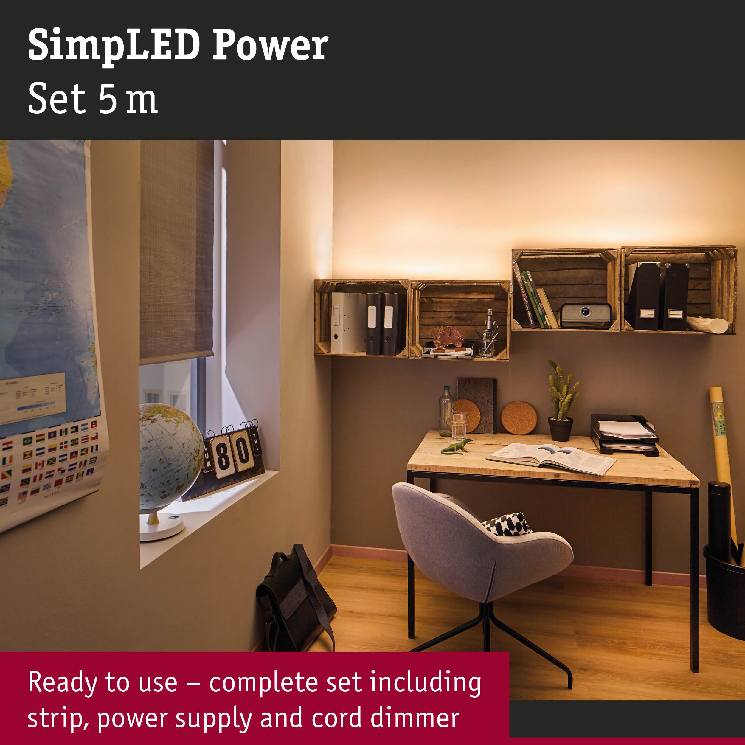 5m warm white LED strip with power supply and dimmer for cozy office lighting and ambient room illumination