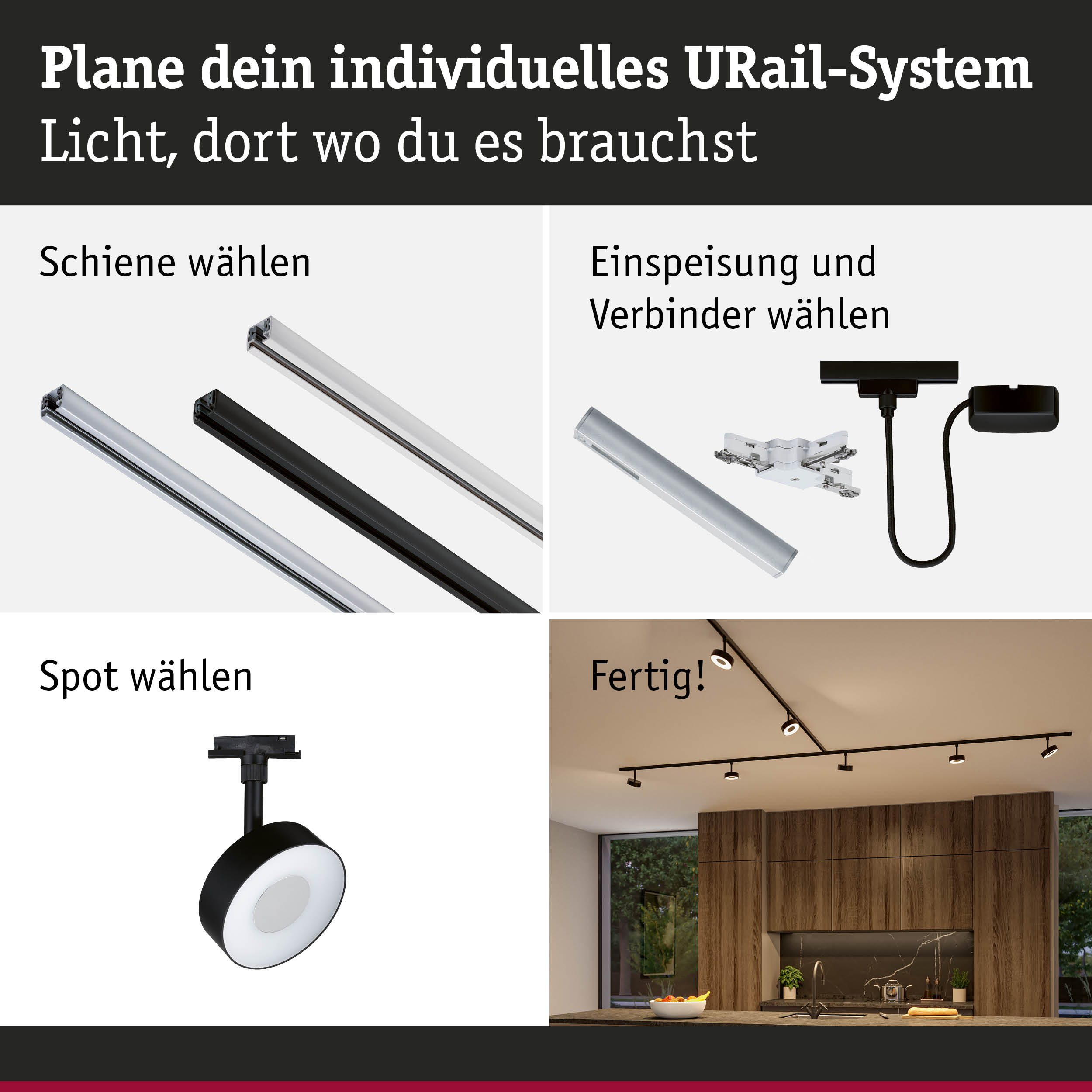 Modulares URail-Schienensystem mit schwarzen und weißen Schienen, Steckern und Spots für flexible Beleuchtung.