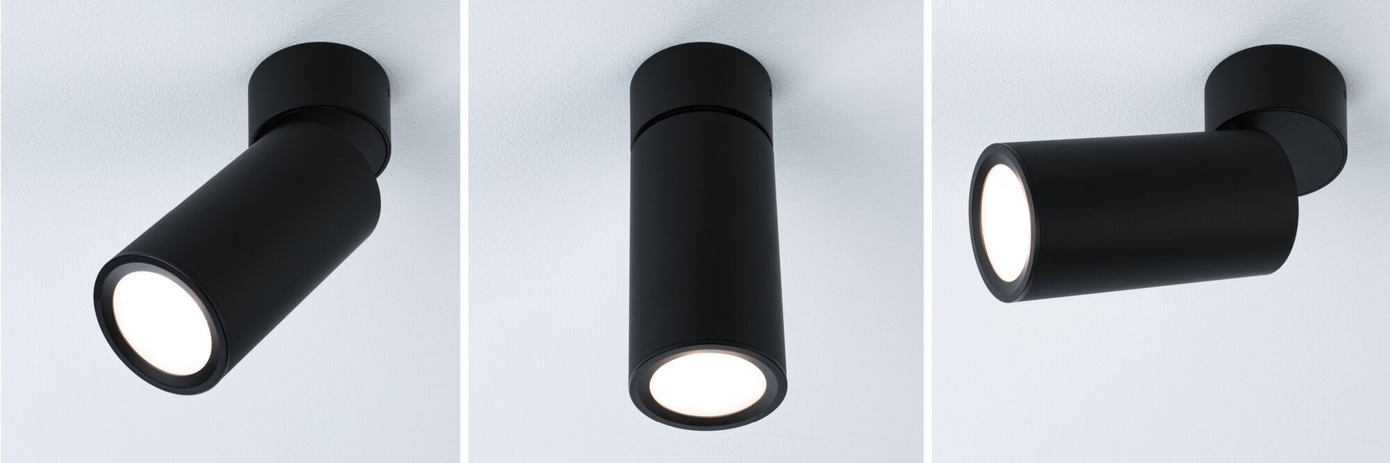 Drei schwarze LED-Deckenstrahler aus Metall in verschiedenen Positionen für moderne Raumbeleuchtung