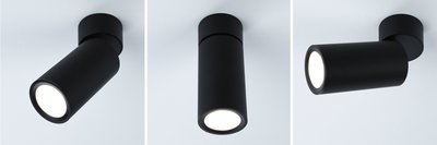 Drei schwarze LED-Deckenstrahler aus Metall in verschiedenen Positionen für moderne Raumbeleuchtung
