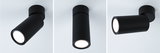 Drie zwarte metalen LED-plafondspots in verschillende posities voor moderne verlichting