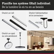 Système de rail URail noir et blanc avec spots et suspensions pour éclairage LED personnalisé.