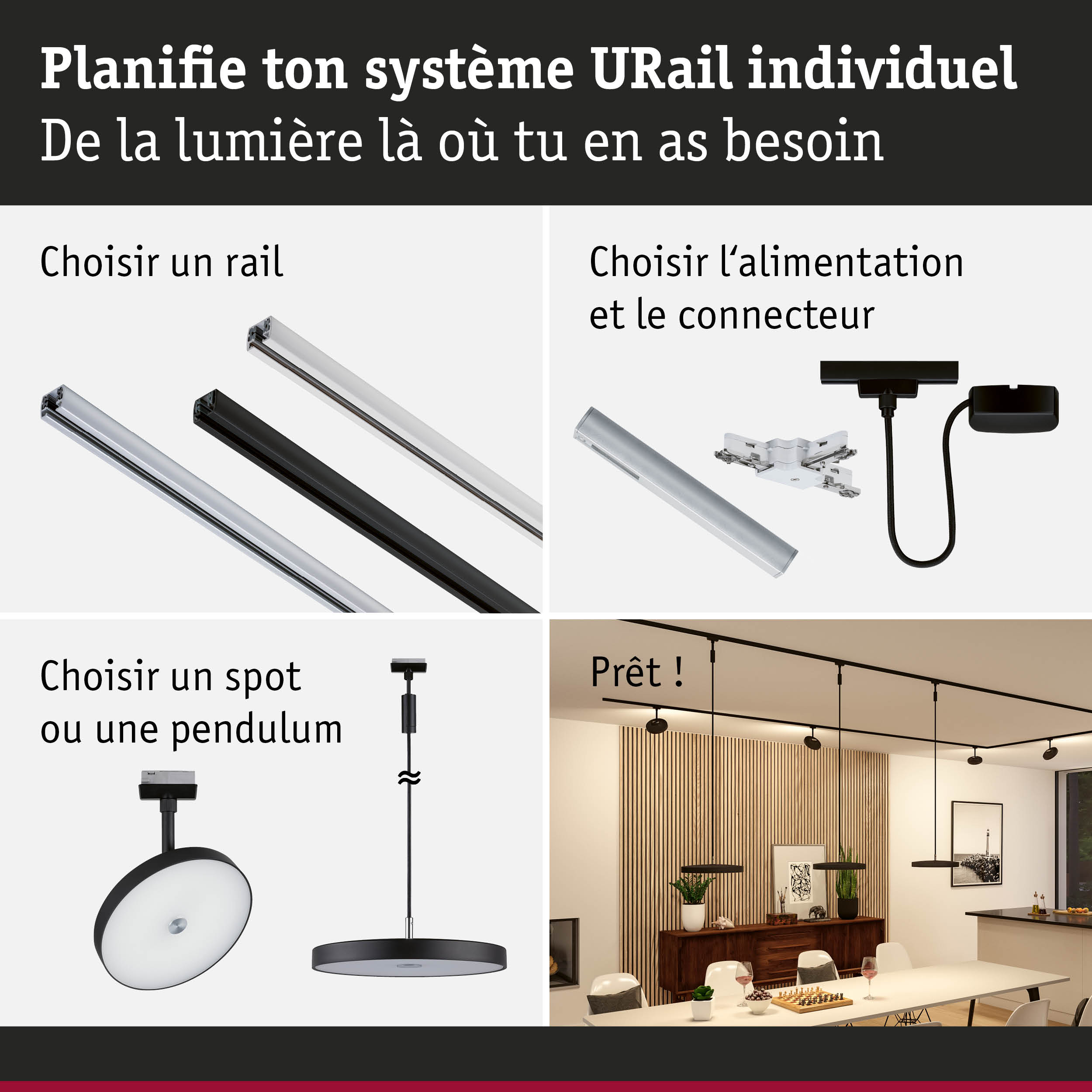 Système de rail URail noir et blanc avec spots et suspensions pour éclairage LED personnalisé.