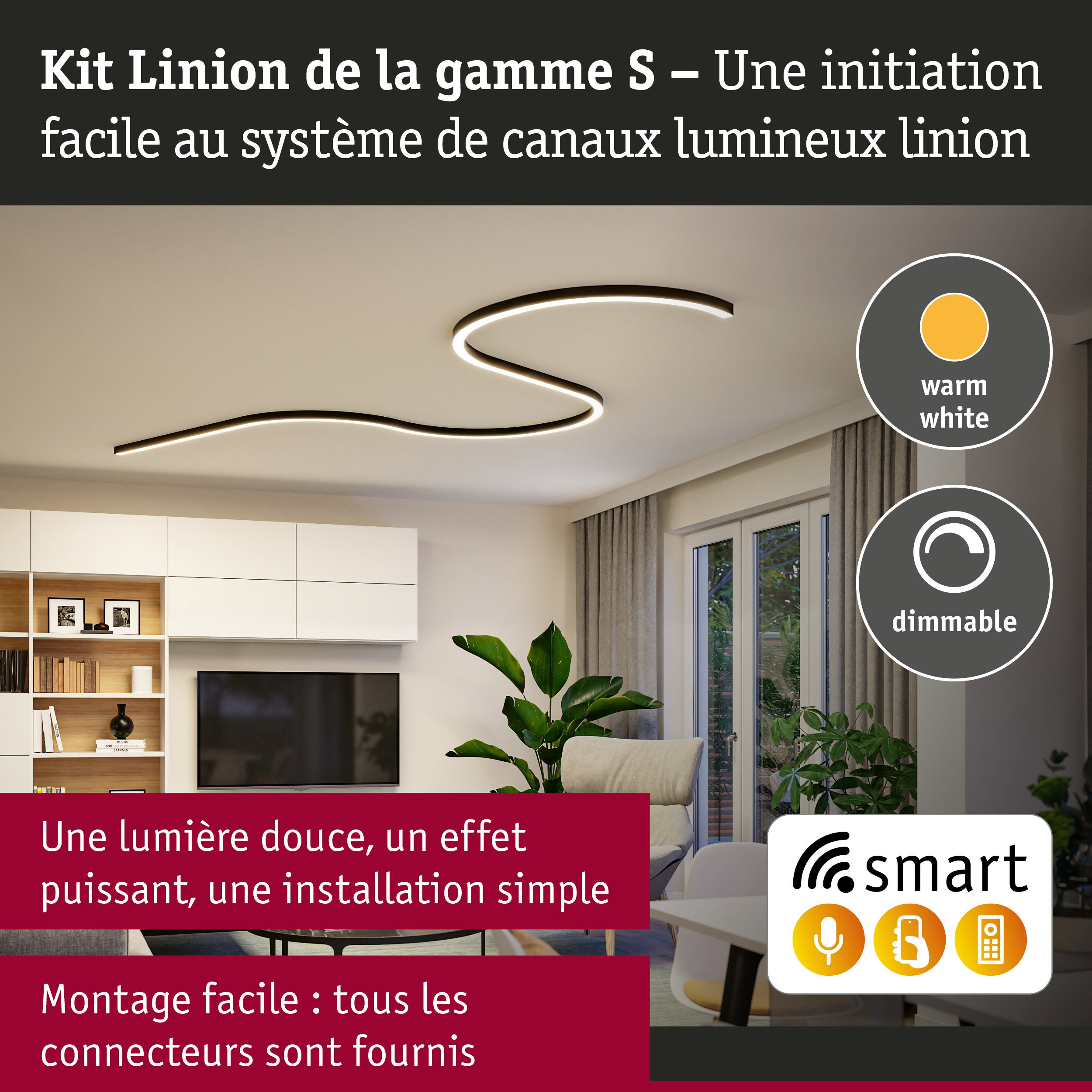 Linion Canal lumineux Smart Home Zigbee 3.0 Forme en S Kit complet 230/24V W 3000K Noir signal