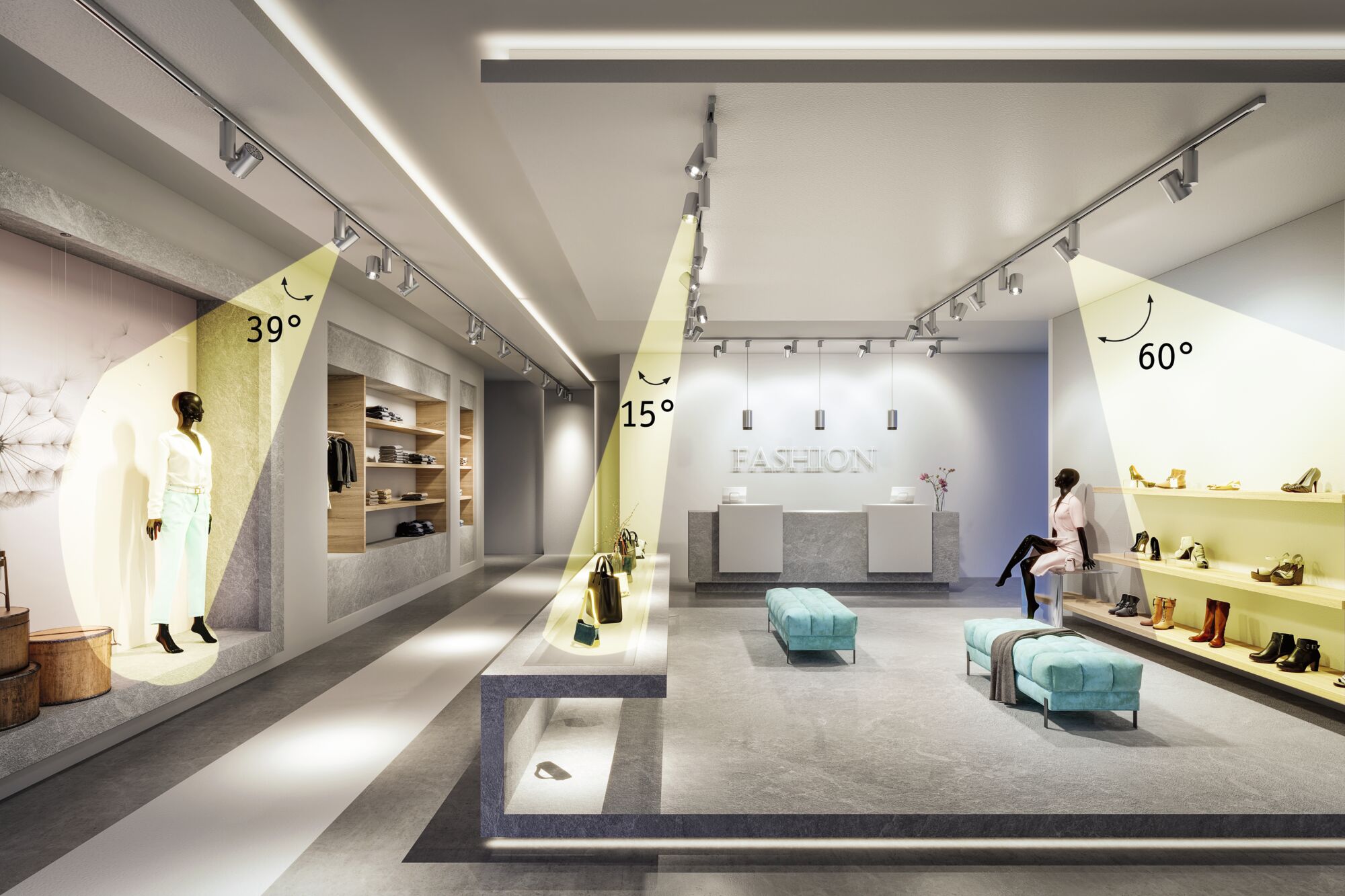Modernes Modegeschäft mit verstellbaren LED-Strahlern für Schaufenster und Produktbeleuchtung