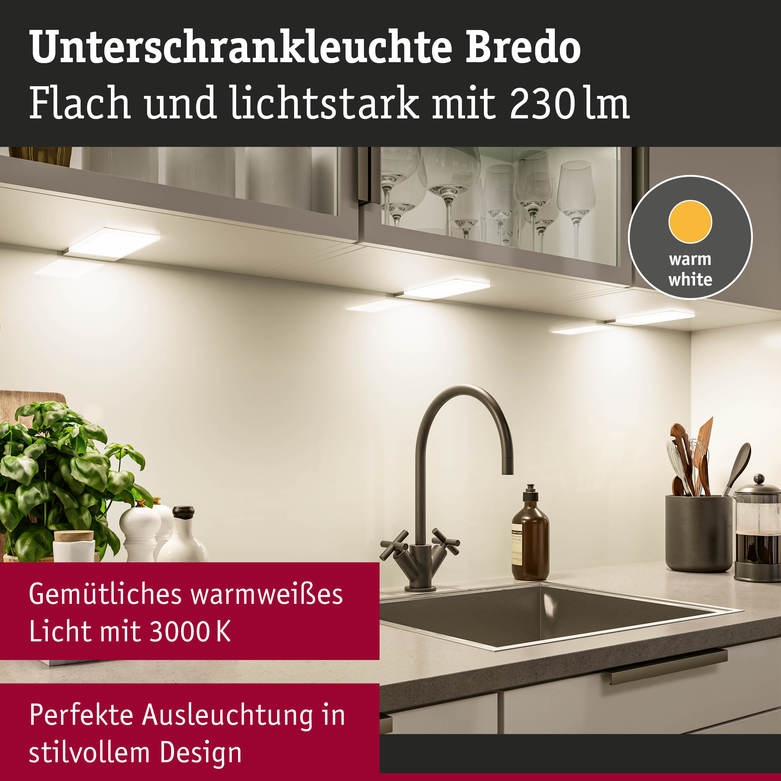 Flache Unterschrankleuchte Bredo mit warmweißem Licht 3000K für stilvolle Küchenbeleuchtung