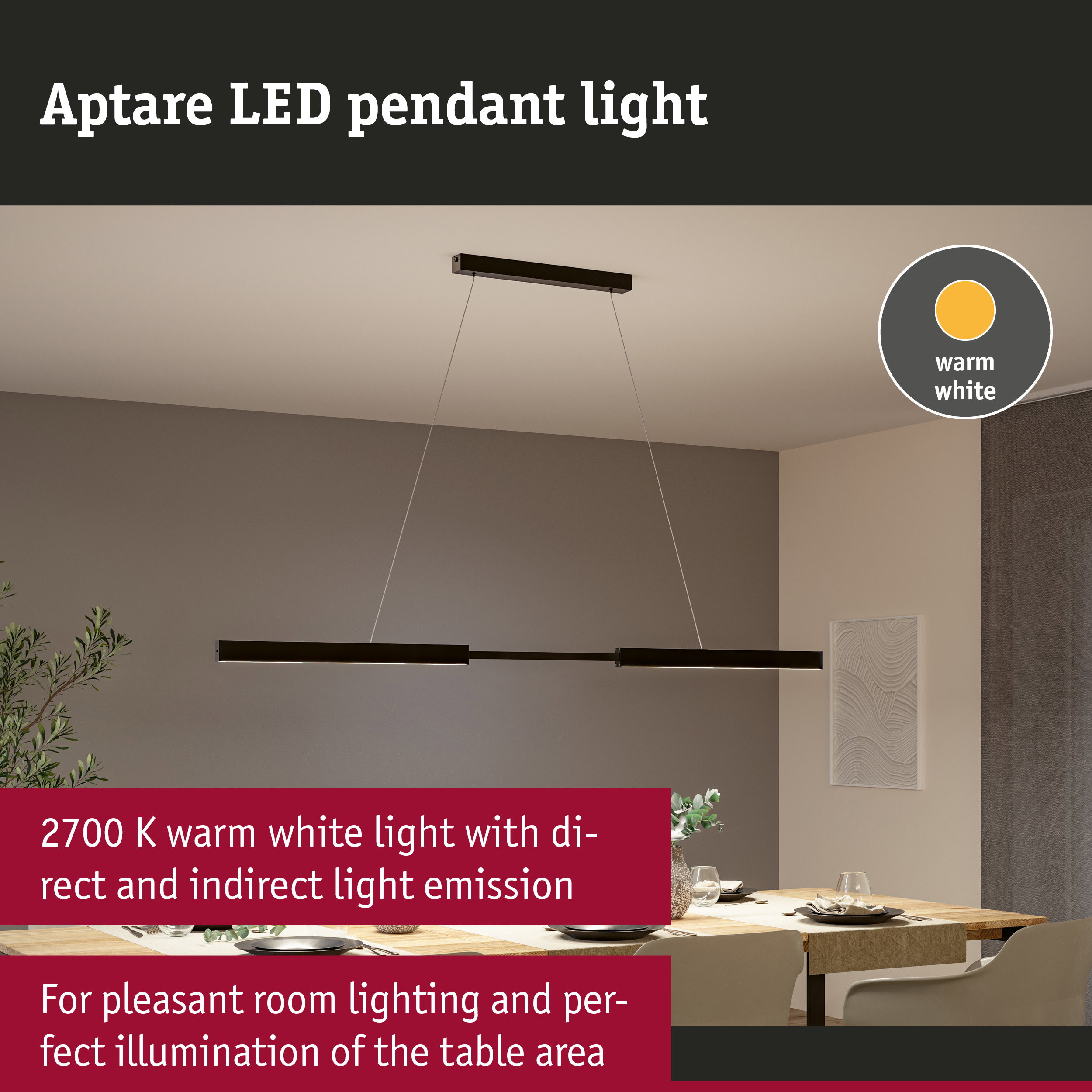 Aptare black LED pendant light with warm white illumination for cozy dining room lighting