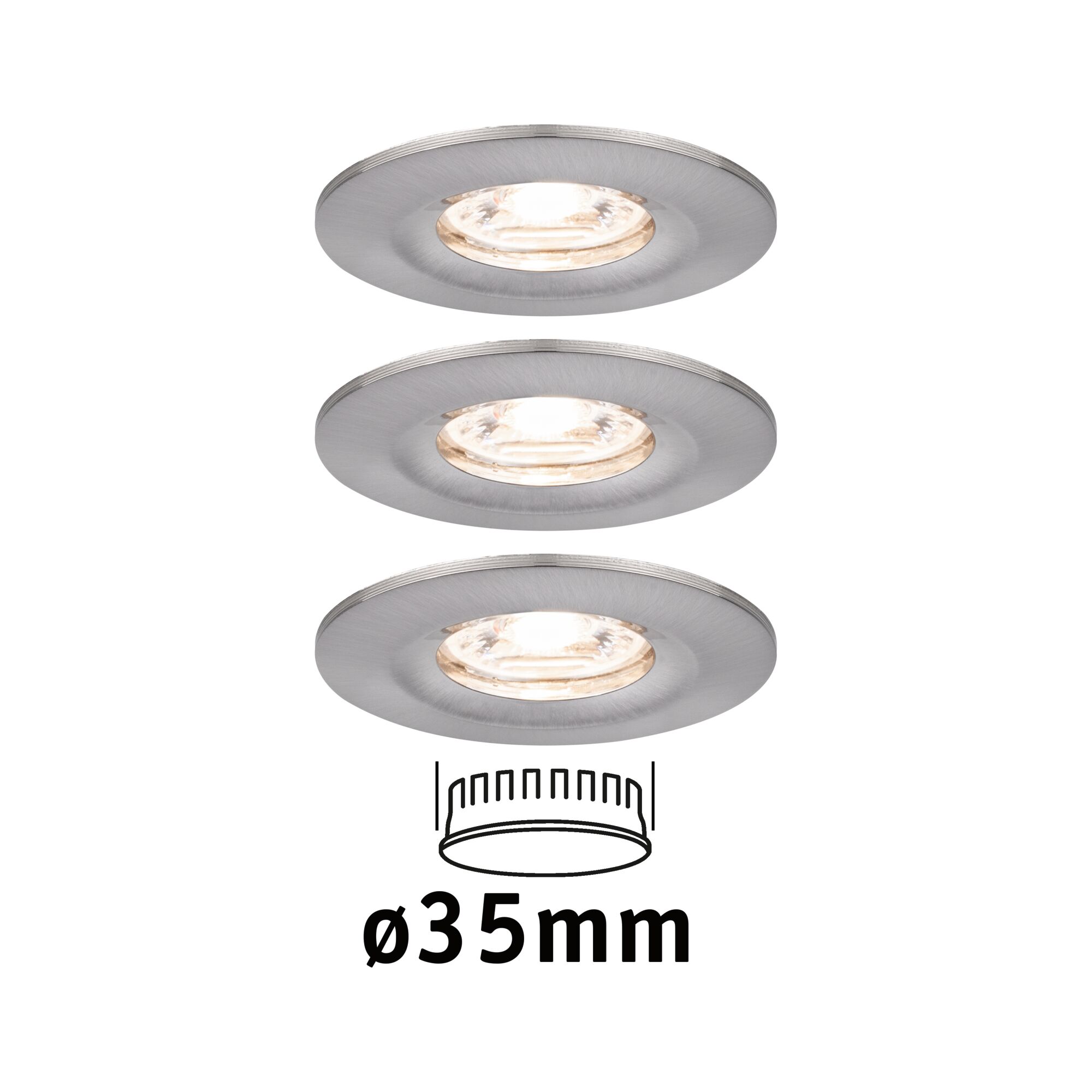 Drei runde Einbaustrahler aus gebürstetem Aluminium in Silber mit 35 mm Durchmesser für LED-Beleuchtung.