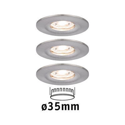 Drei runde Einbaustrahler aus gebürstetem Aluminium in Silber mit 35 mm Durchmesser für LED-Beleuchtung.