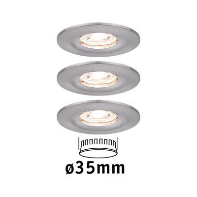 Trois spots encastrés ronds en aluminium brossé argenté de 35 mm de diamètre pour éclairage LED.