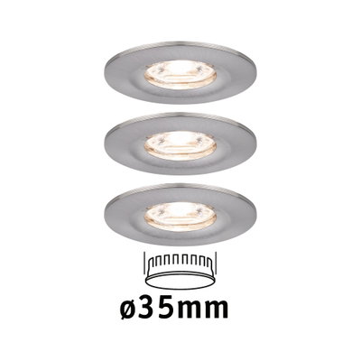 Drei runde Einbaustrahler aus gebürstetem Aluminium in Silber mit 35 mm Durchmesser für LED-Beleuchtung.