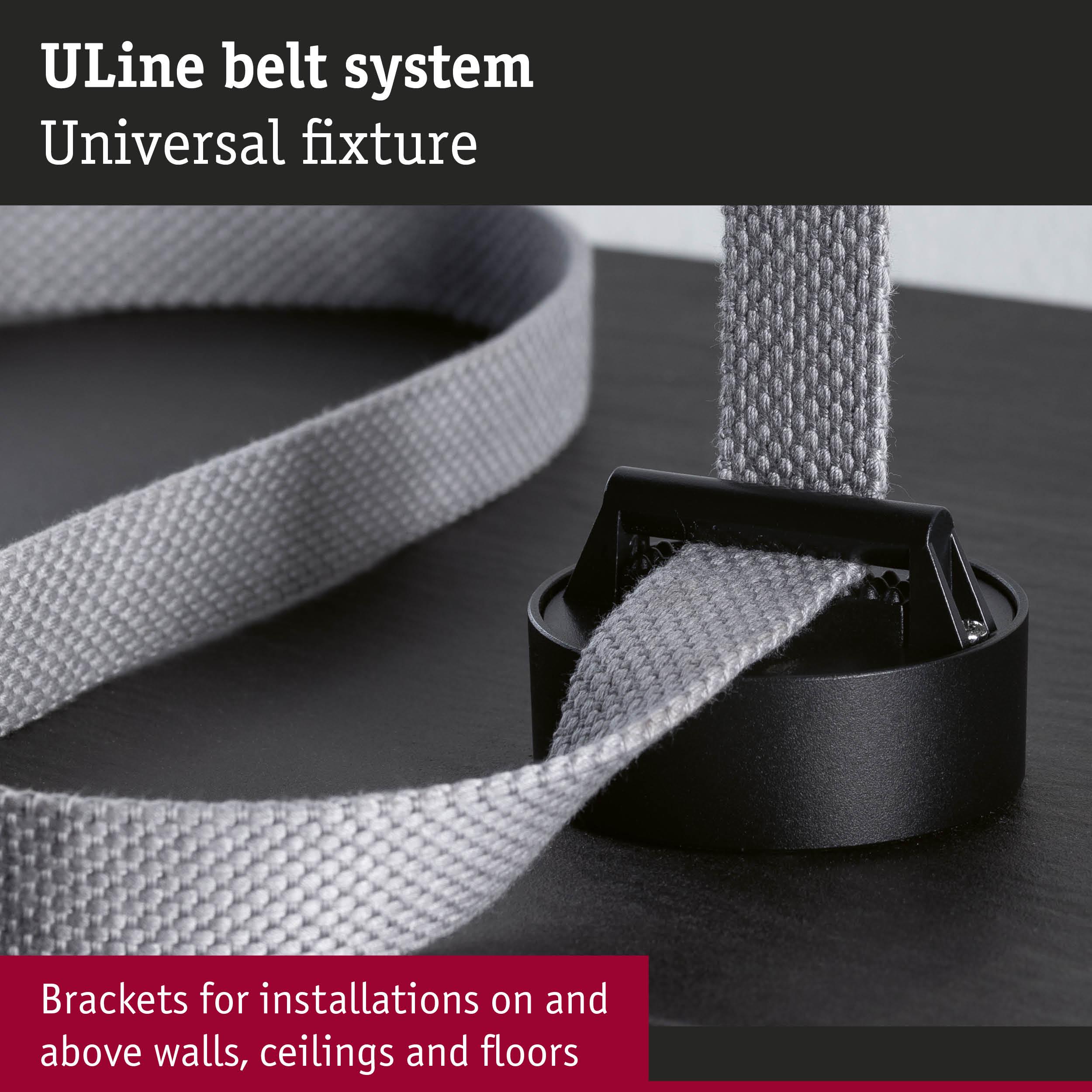 Uline belt system with black bracket and grey textile strap for wall and ceiling installations