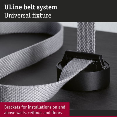 Uline belt system with black bracket and grey textile strap for wall and ceiling installations