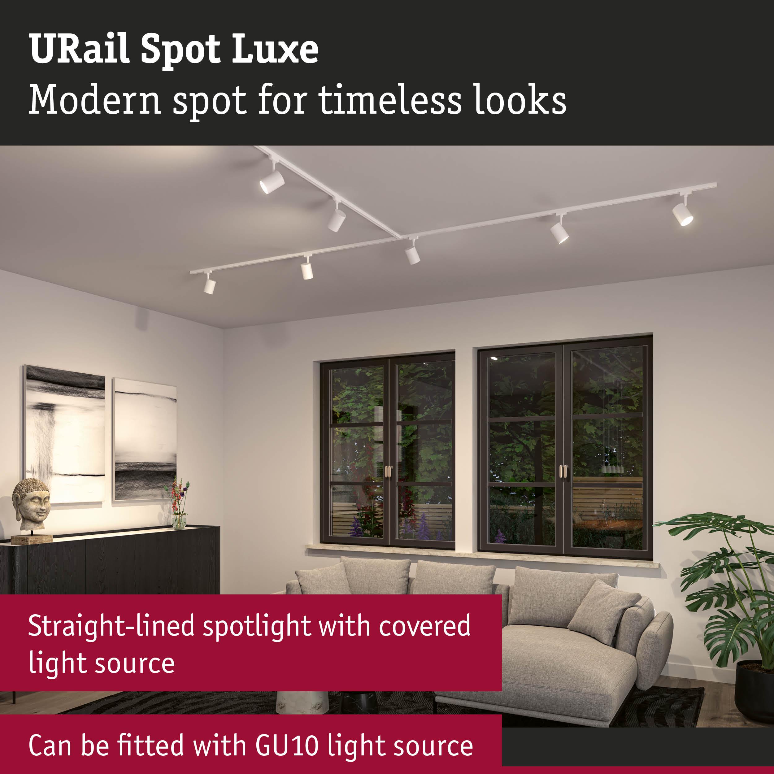 White URail Spot Luxe straight-lined spotlight with GU10 light source in a modern living room.