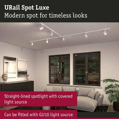 White URail Spot Luxe straight-lined spotlight with GU10 light source in a modern living room.