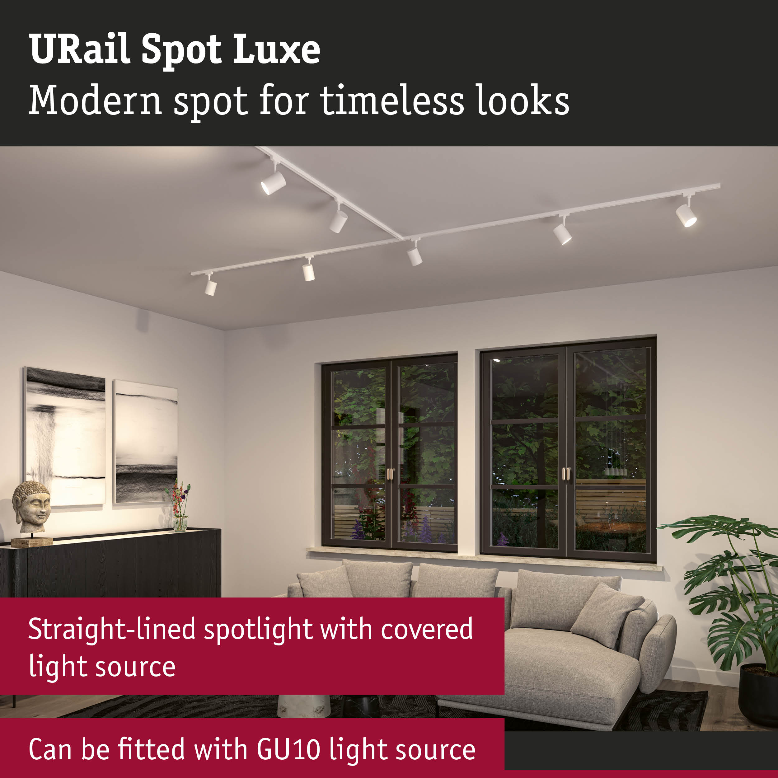 White URail Spot Luxe ceiling spotlight in modern living room with large windows