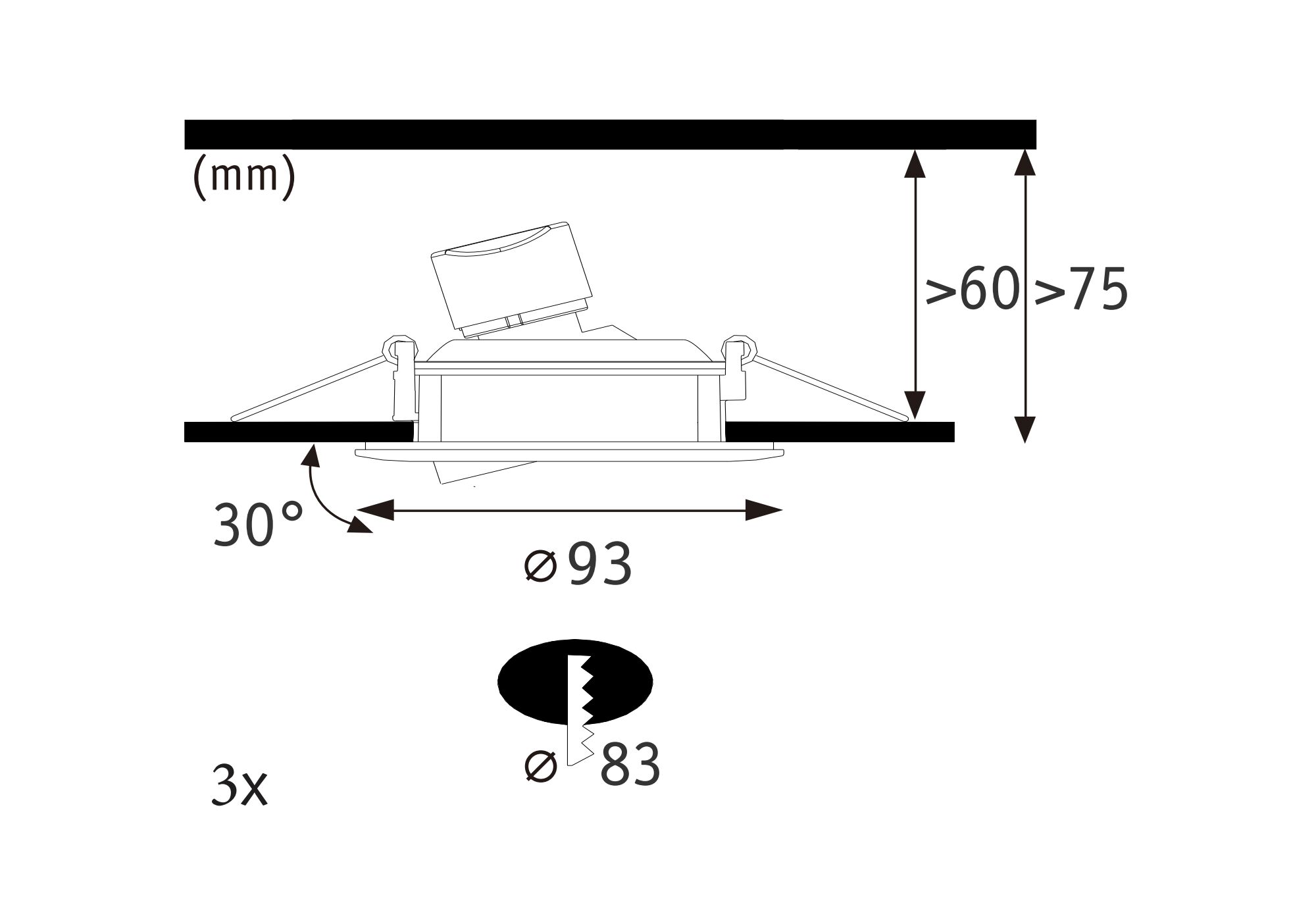 Technical drawing of adjustable LED recessed spotlight with 93 mm diameter and 30° tilt angle