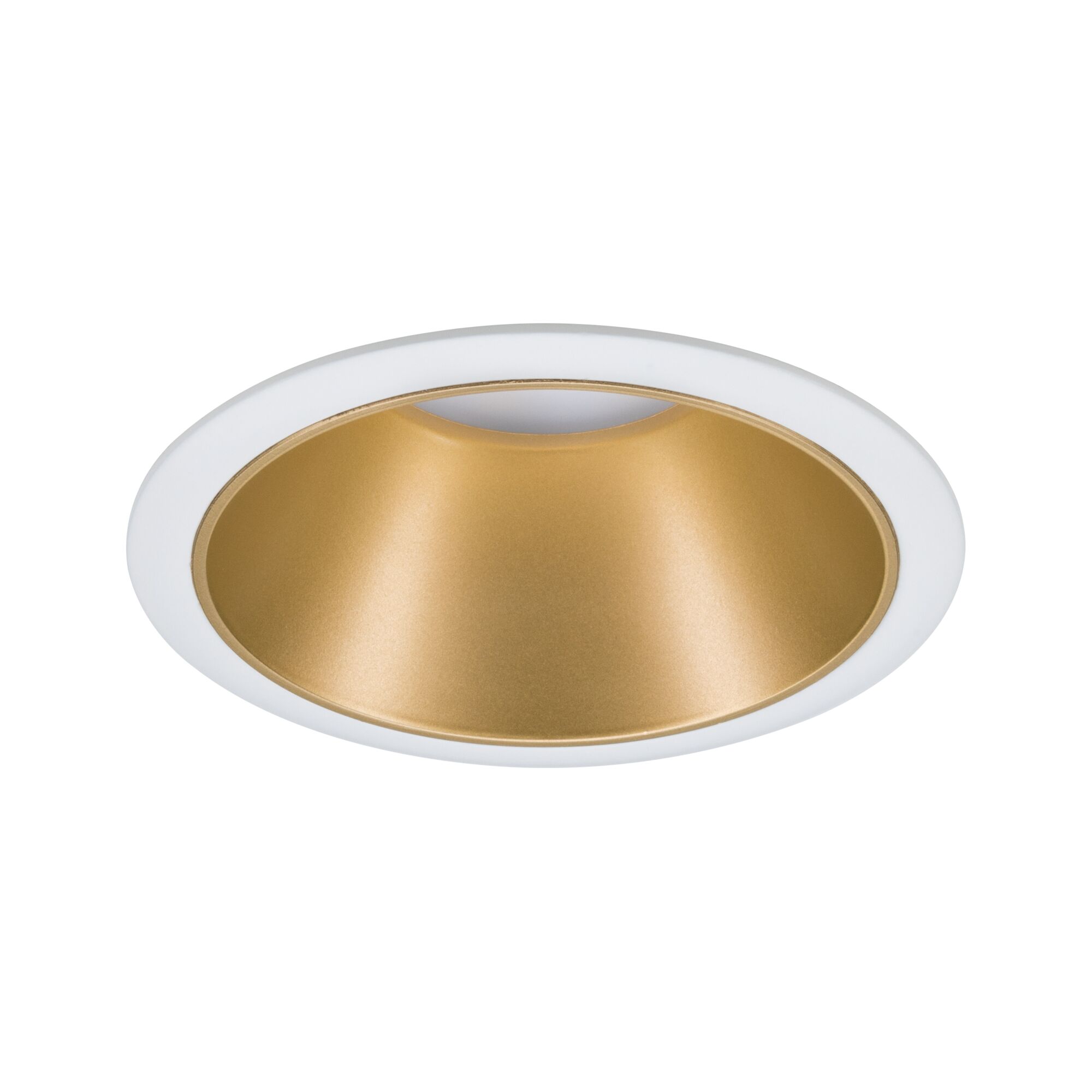 Rundes Einbau-LED-Downlight mit weißem Rahmen und goldfarbenem Reflektor für moderne Innenbeleuchtung