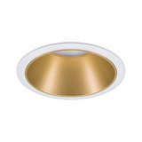 Rund LED indbygningsspot med hvid ramme og gylden reflektor til moderne indendørs belysning