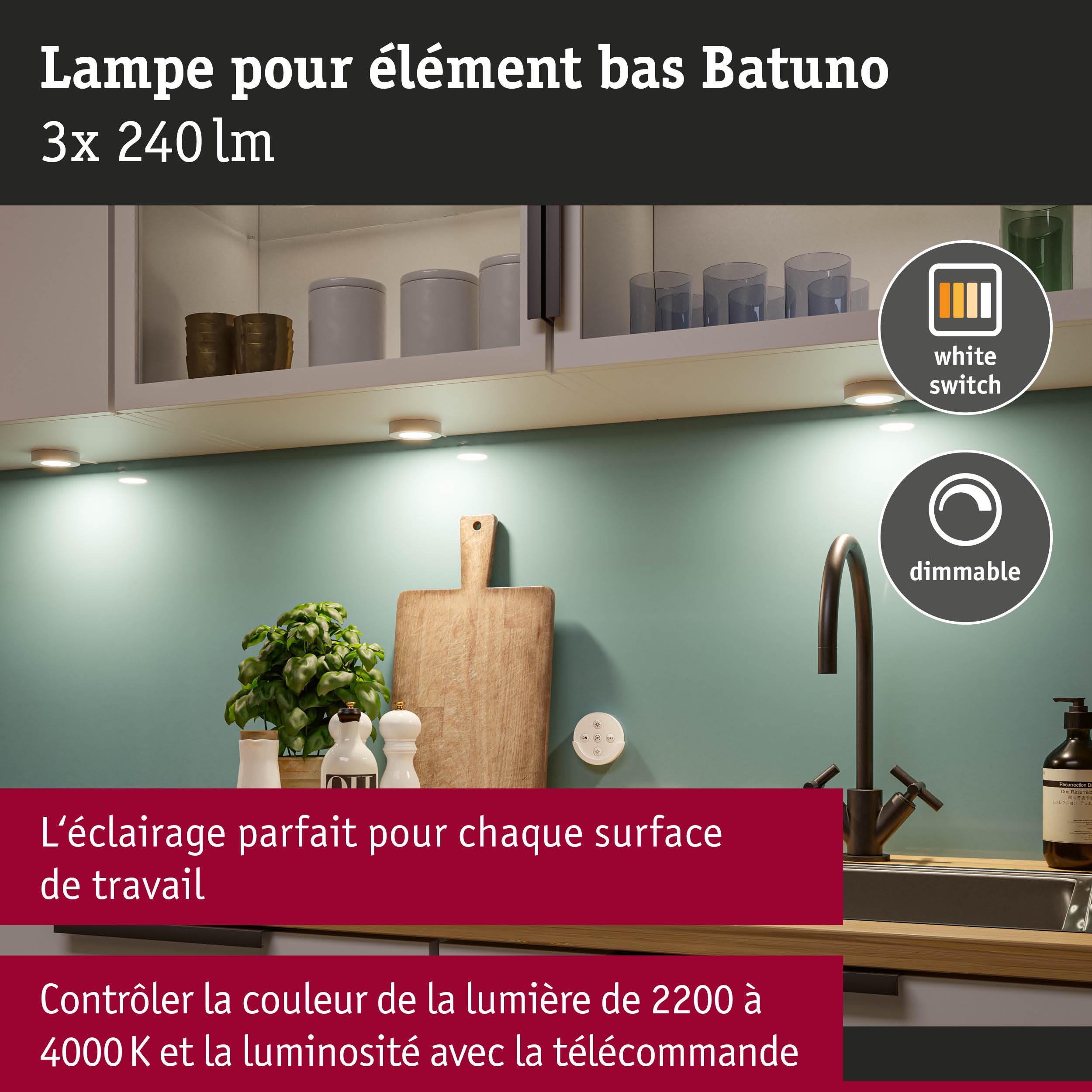 Trois lampes LED blanches dimmables sous meuble avec télécommande pour éclairage plan de travail