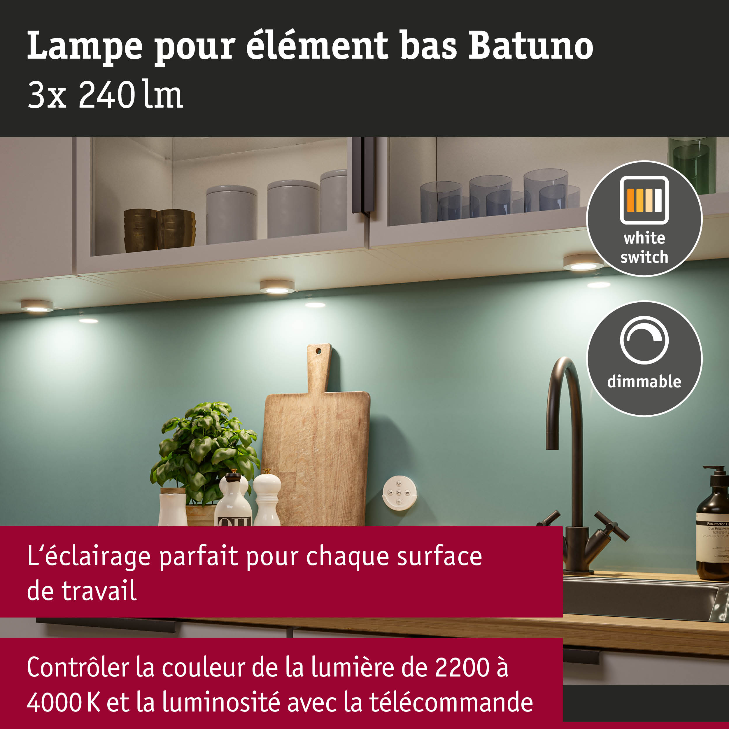 Lampe LED dimmable blanche pour dessous de meuble de cuisine avec télécommande