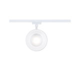 Runder weißer LED-Spot aus Metall an Schienensystem für flexible Beleuchtung im Raum