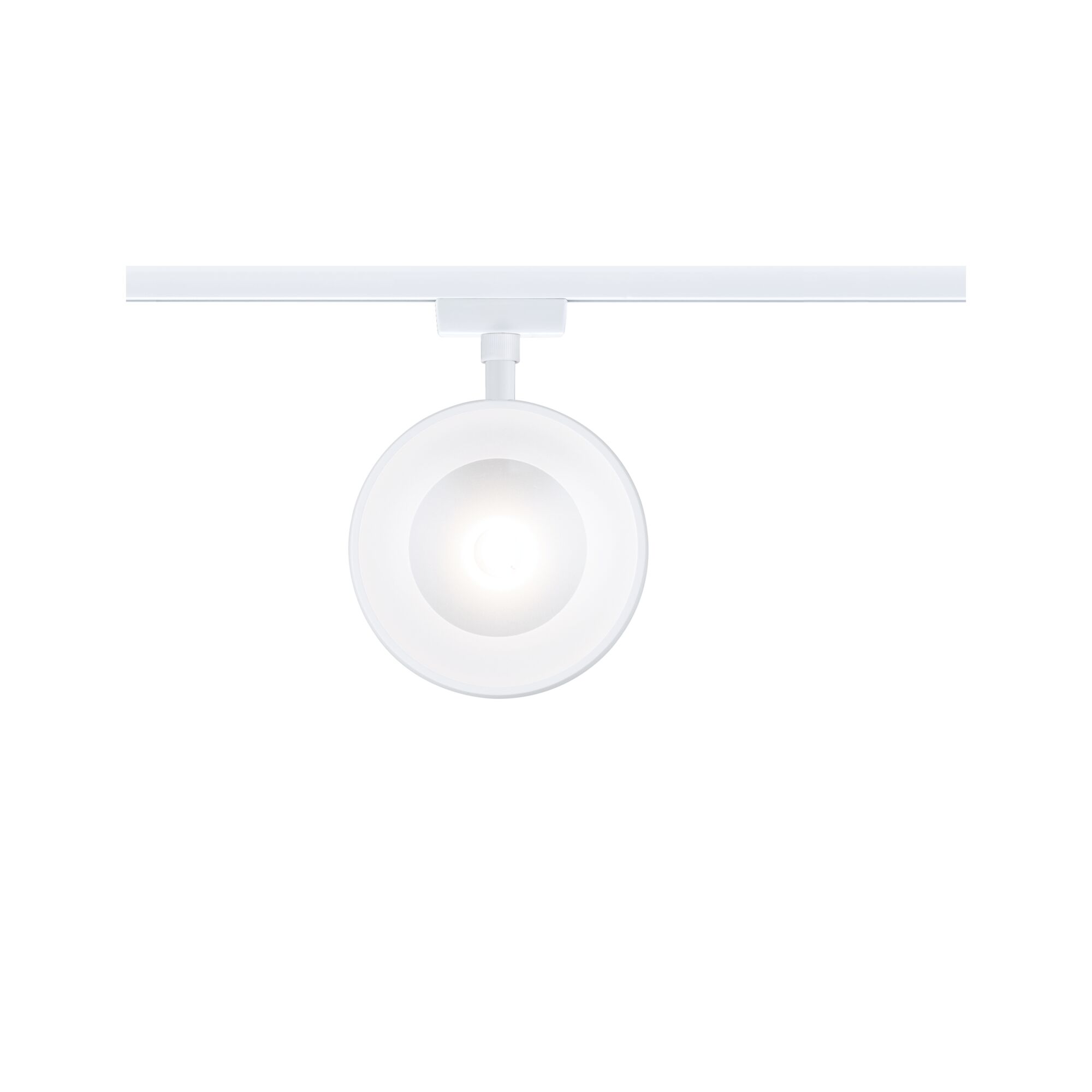 Runder weißer LED-Spot aus Metall an Schienensystem für flexible Beleuchtung im Raum