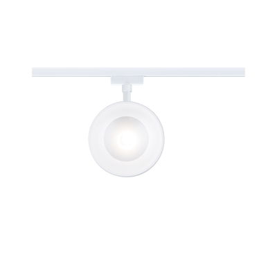 Runder weißer LED-Spot aus Metall an Schienensystem für flexible Beleuchtung im Raum