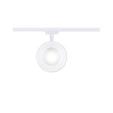 Runder weißer LED-Spot aus Metall an Schienensystem für flexible Beleuchtung im Raum