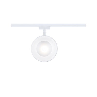 Runder weißer LED-Spot aus Metall an Schienensystem für flexible Beleuchtung im Raum