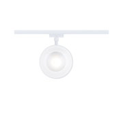 Runder weißer LED-Spot aus Metall an Schienensystem für flexible Beleuchtung im Raum