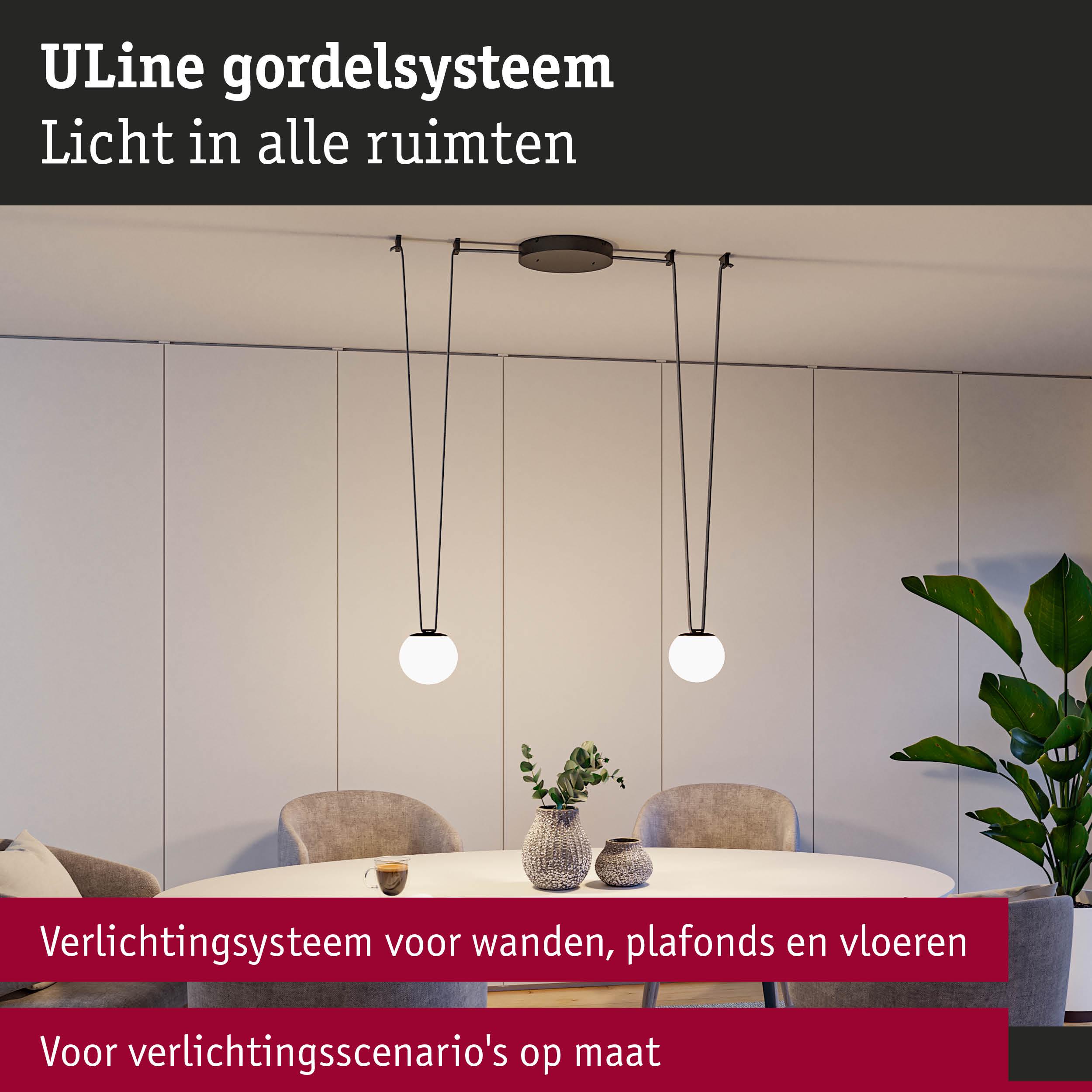 ULine gordelsysteem met twee witte bolvormige hanglampen boven ronde eettafel