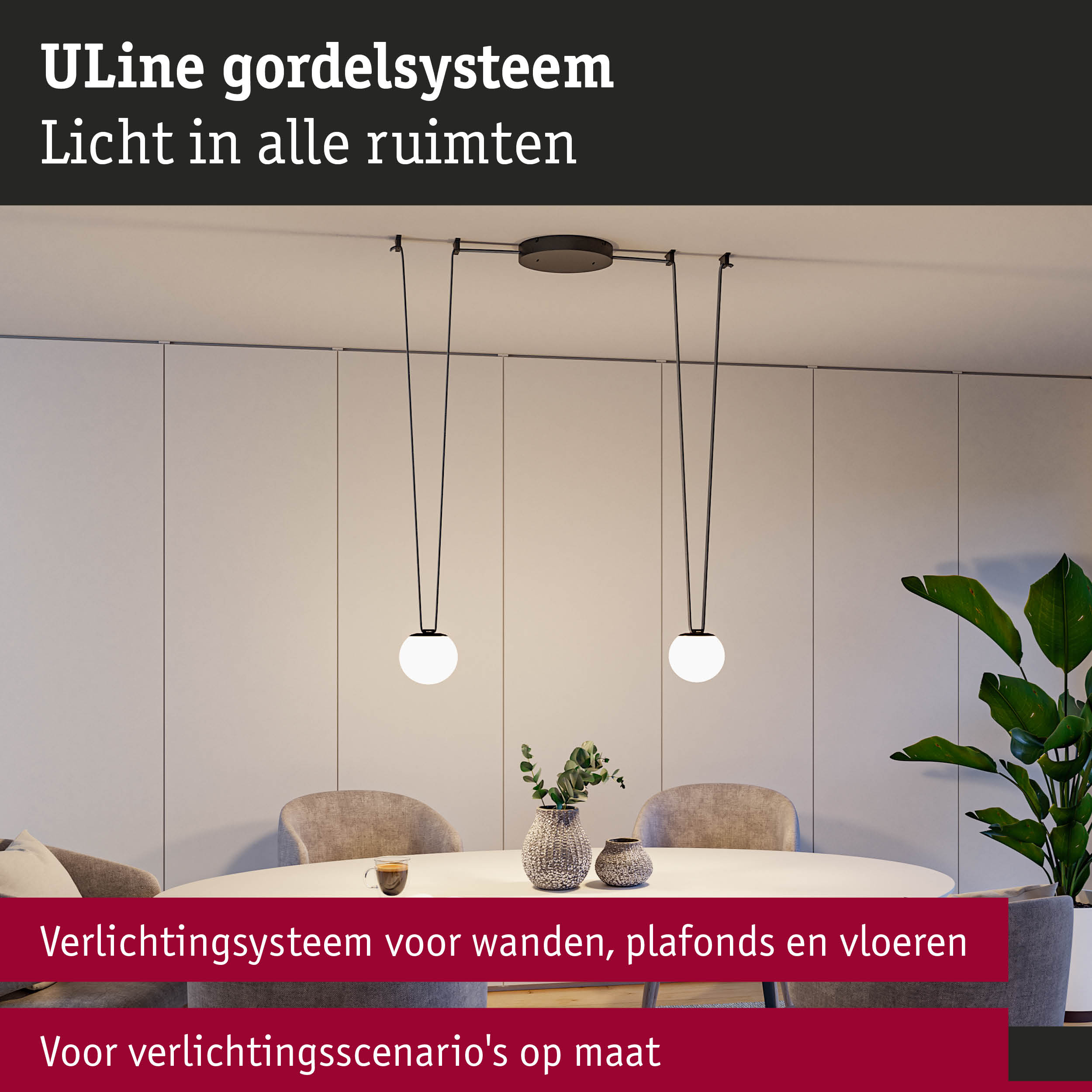 Modern ULine hangverlichtingssysteem met zwarte kabels en witte bolvormige lampen boven eettafel