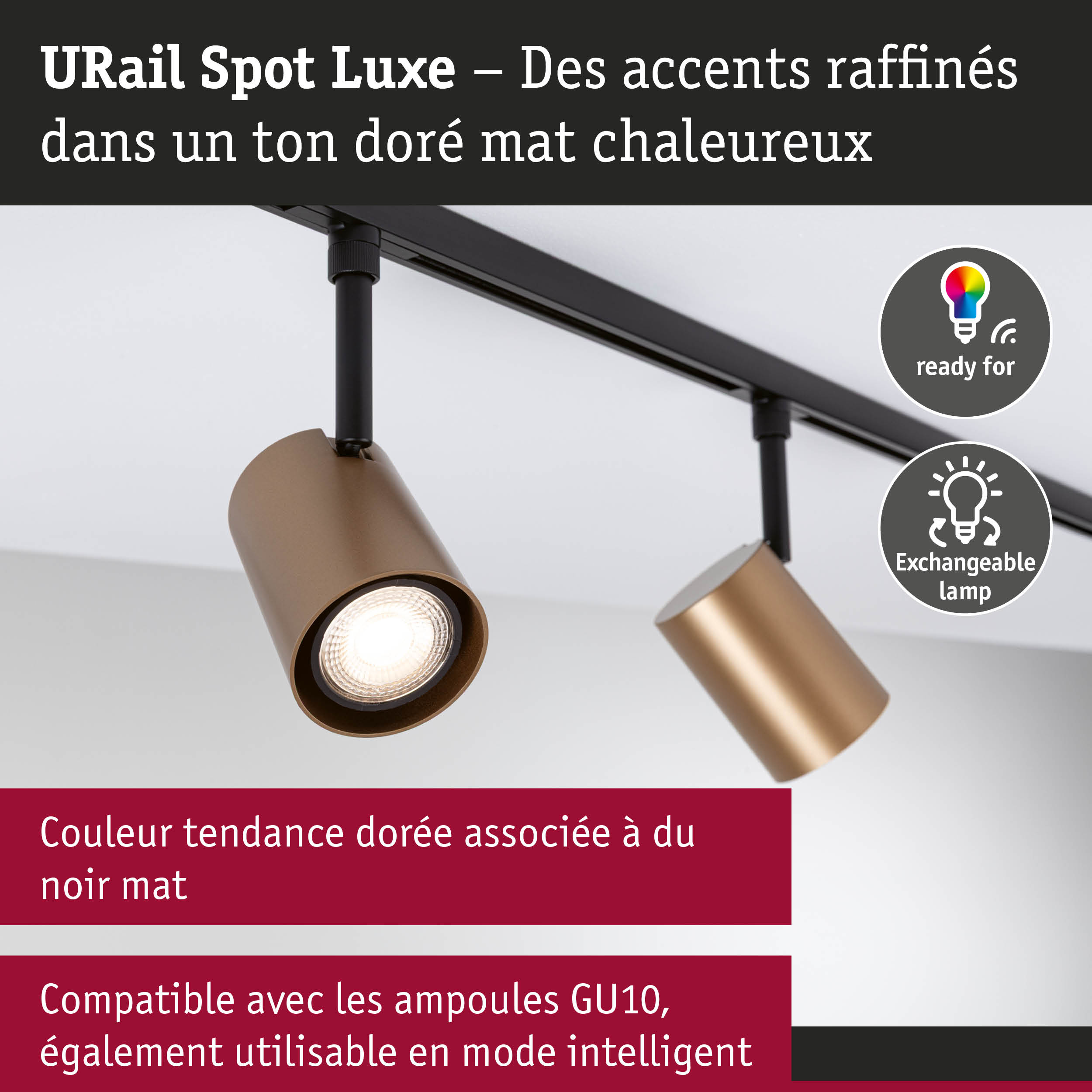 Spot URail Luxe doré mat avec rail noir, compatible ampoules GU10 et mode intelligent