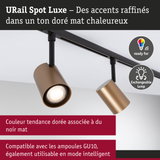 Spot URail Luxe doré mat avec rail noir, compatible ampoules GU10 et mode intelligent