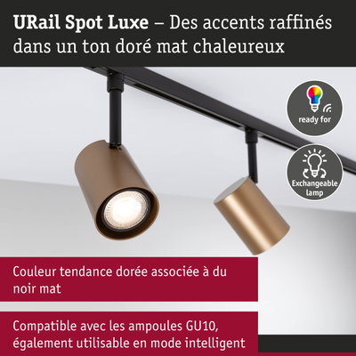 Spot URail Luxe doré mat avec rail noir, compatible ampoules GU10 et mode intelligent