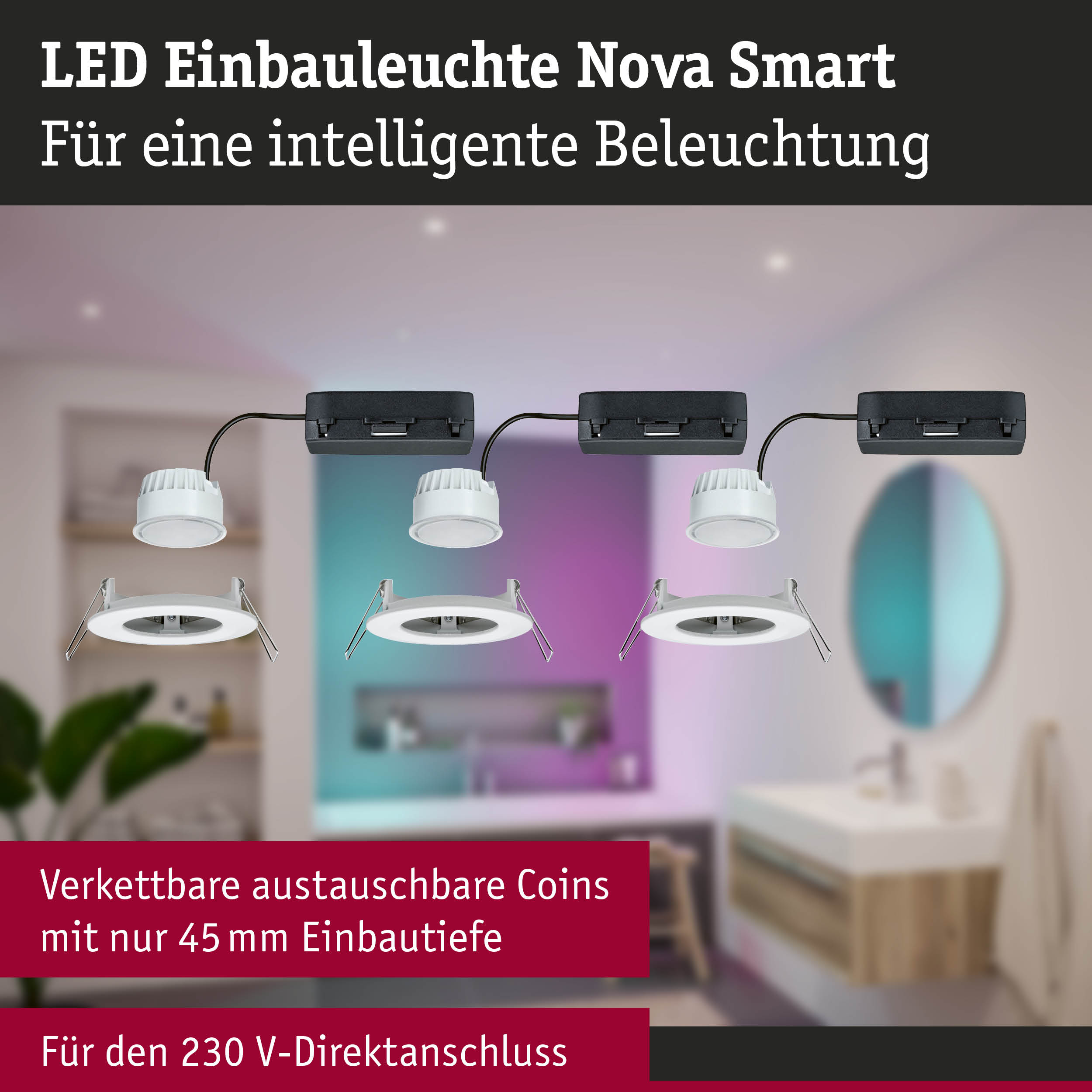 LED Einbauleuchte Nova Smart in Weiß mit schwarzem Anschlusskasten für intelligente Beleuchtung