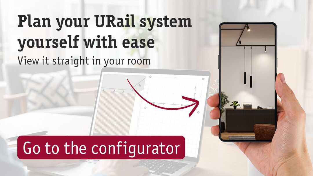 Smartphone displaying URail lighting system in modern room, laptop with URail planning software in background