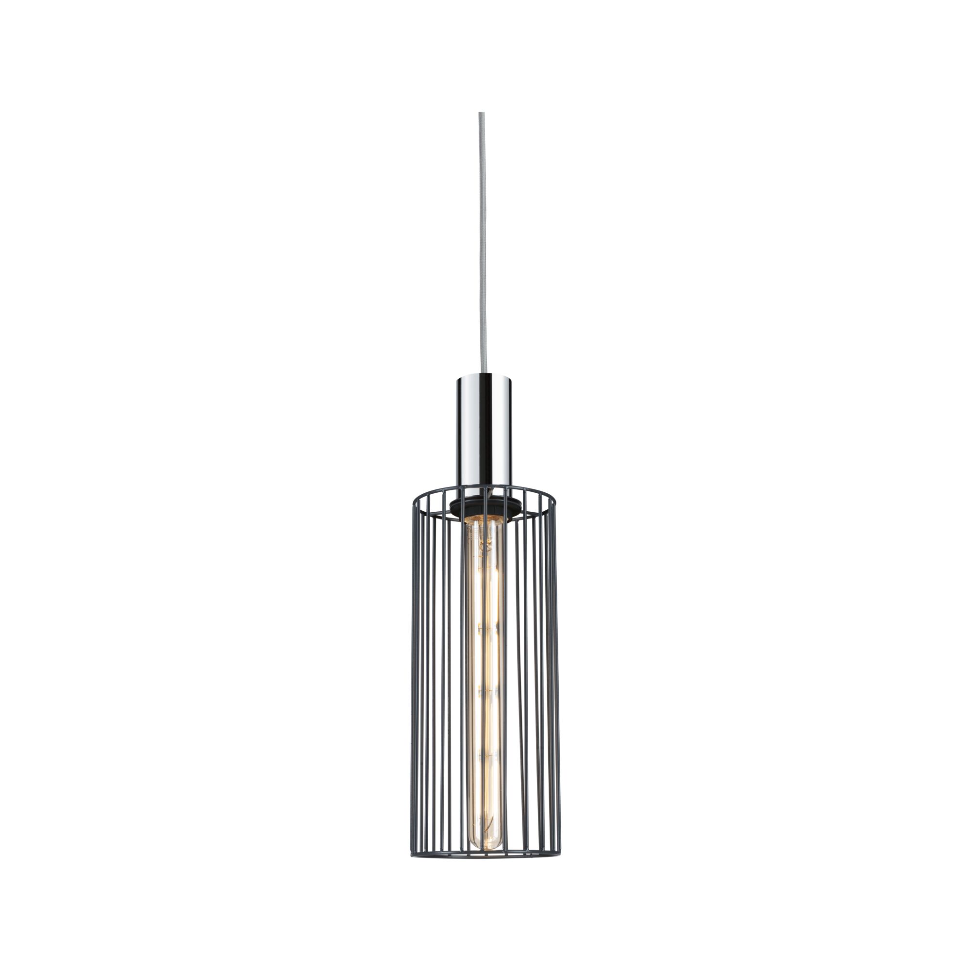Modern pendant light with black metal cage and chrome cylinder for stylish interior lighting