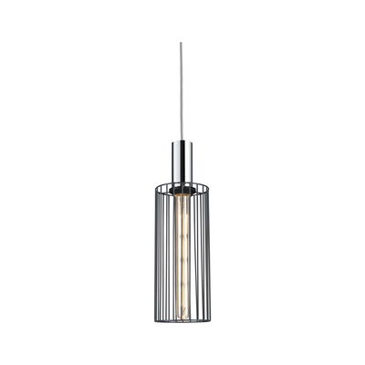 Modern pendant light with black metal cage and chrome cylinder for stylish interior lighting