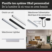 Guide étape par étape pour système URail avec rails blancs et noirs, alimentation électrique et barres lumineuses