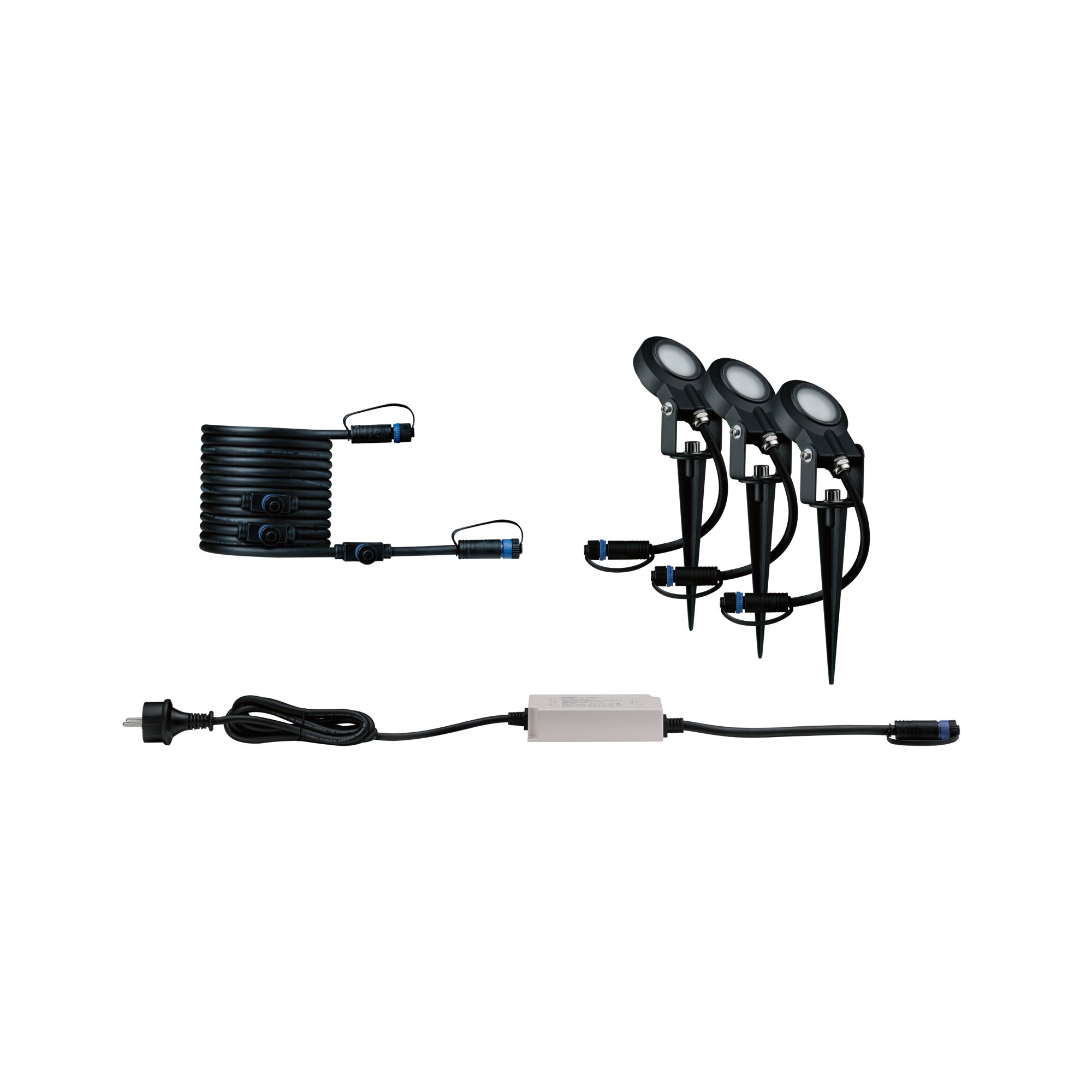 Set mit drei schwarzen LED-Gartenstrahlern, Kabel und Netzteil für Außenbeleuchtung