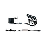 Set mit drei schwarzen LED-Gartenstrahlern, Kabel und Netzteil für Außenbeleuchtung